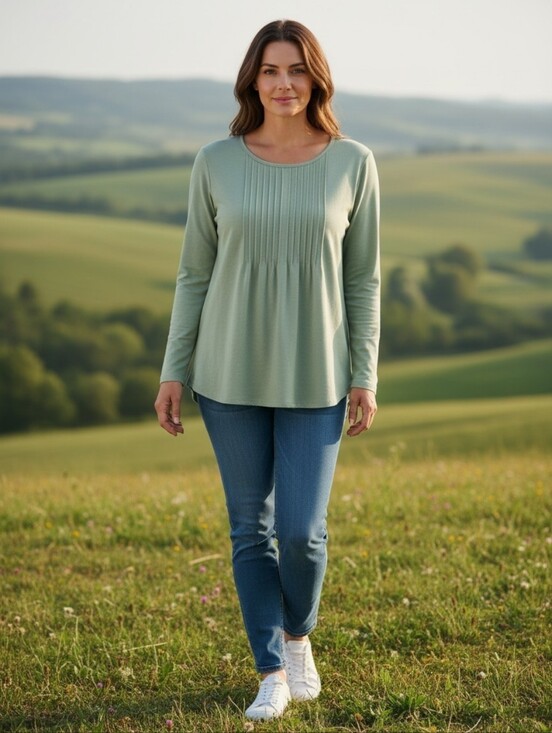Athmile Tops - ATHMILE Women’s Long Sleeve Pintuck Front Top Scoop Neck Sage Green NWT Size XL